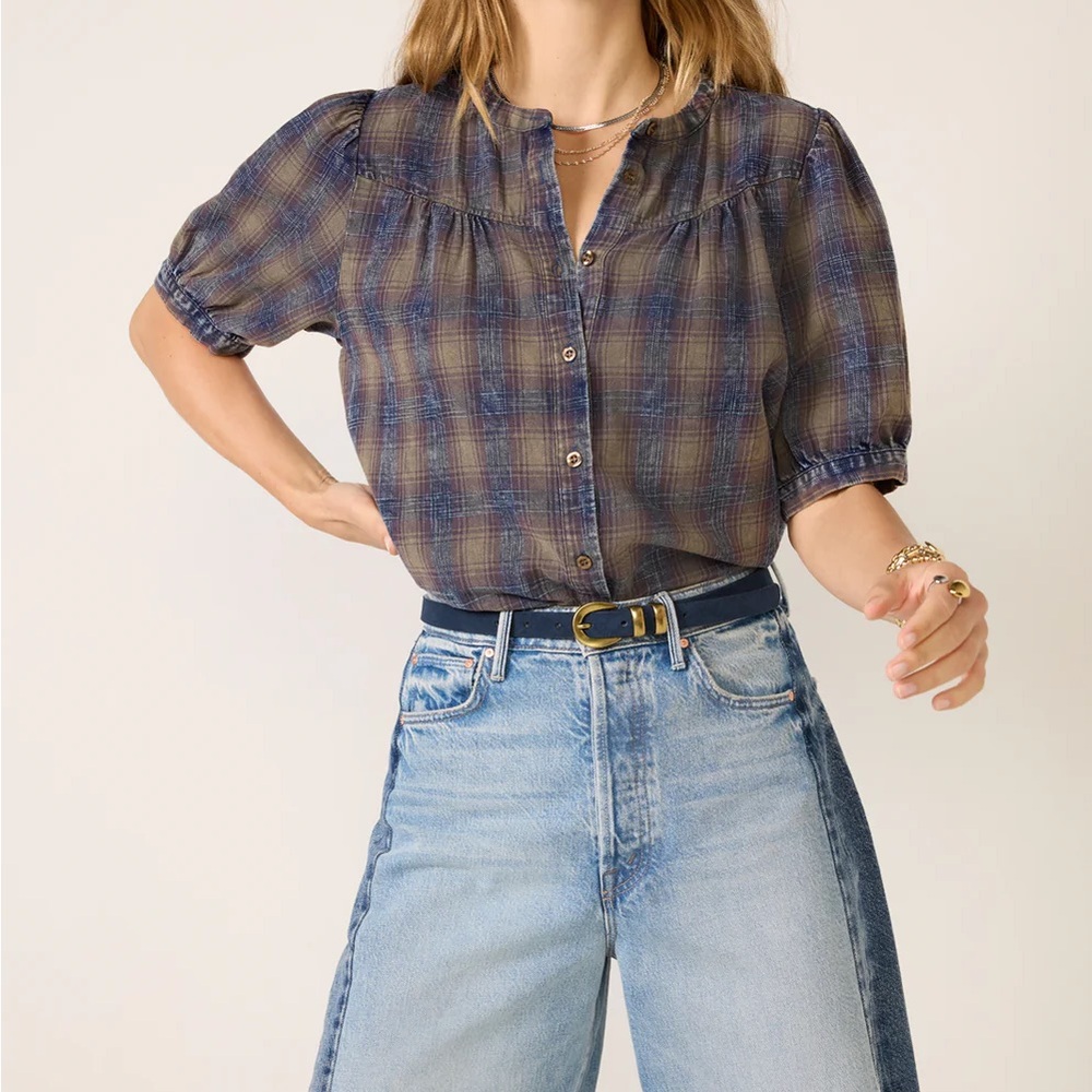 Evereve Blue Gracie Puff Sleeve Plaid Button-Up Blouse Size Women’s Medium